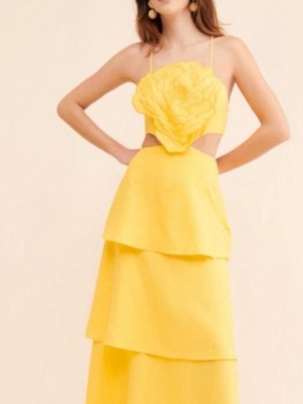 FARM Rio 3D Floral Tiered Midi Dress - M - Yellow